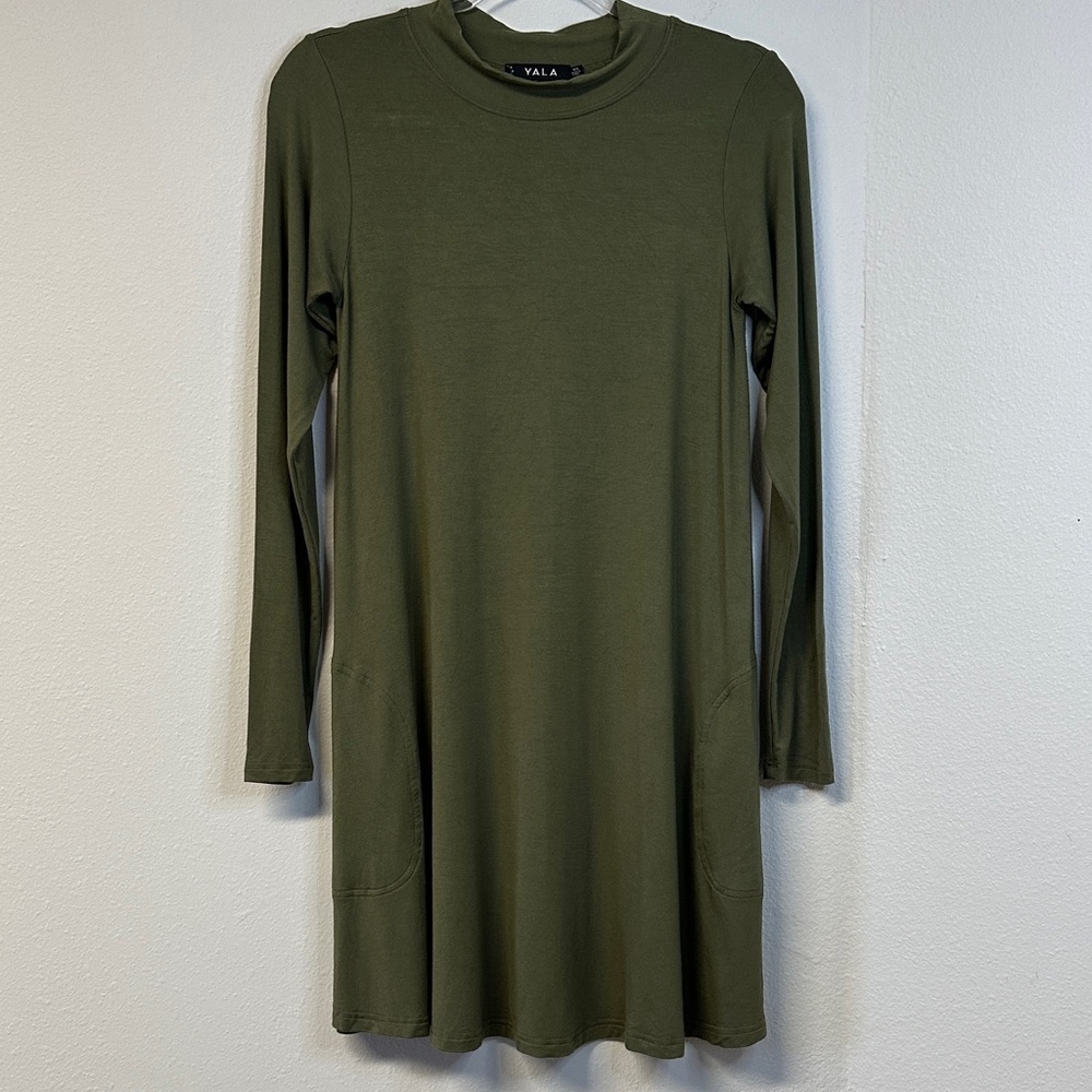 Yala Olive Green Long Sleeve Mock Neck Shift Dress XS